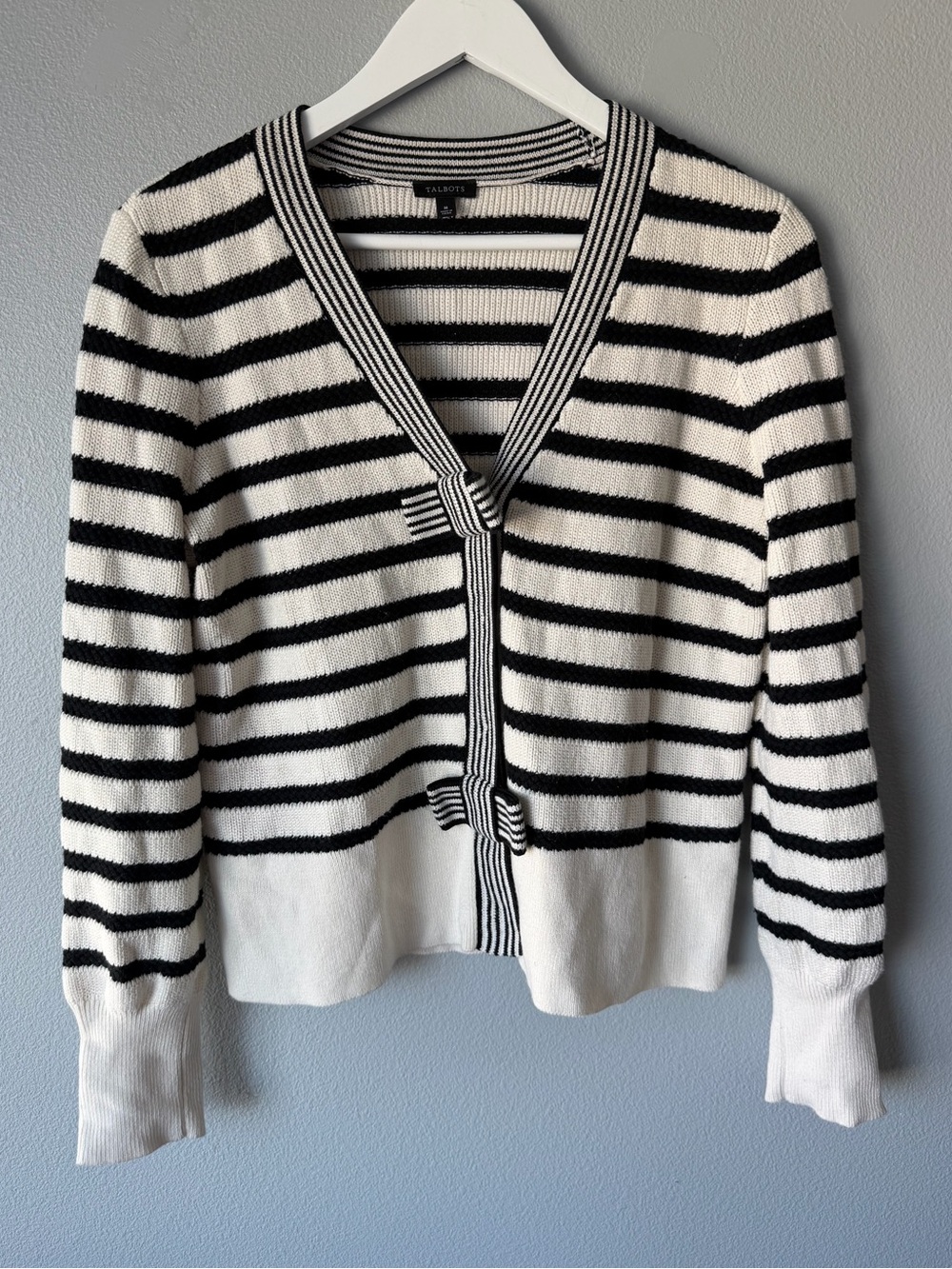 Talbots white black striped bow snap up cotton blend cardigan sweater Women’s M